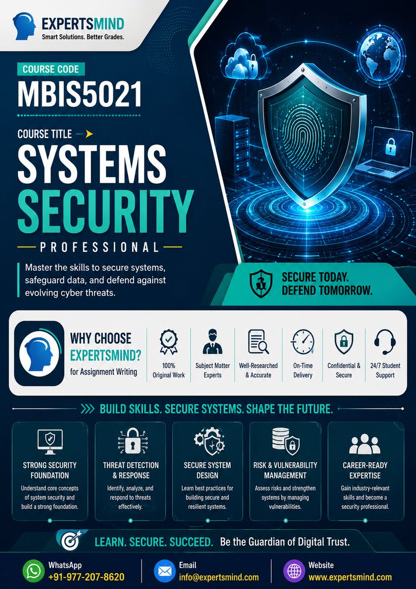 StudentHelpAu's tweet photo. Learn the concepts of modern system security while ExpertsMind takes care of your assignment writing with originality, accuracy, and on-time delivery.
MBIS5021 Systems Security Professional
WhatsApp : +91-977-207-8620
#Australiatopwritingservice
#Australiatopassignmenthelpservice https://t.co/7arSN006O9