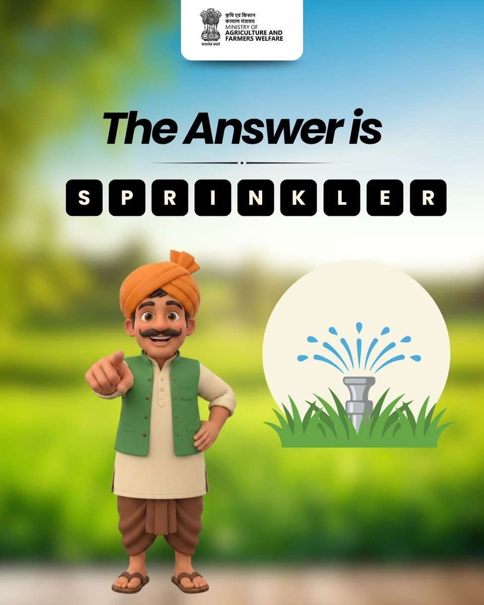 AgriGoI's tweet photo. Answer Revealed! 
The correct answer is SPRINKLER Irrigation.
 
Also known as 'Fountain' or 'Spray' irrigation, this method mimics natural rainfall to ensure uniform water distribution while significantly reducing water wastage. Adopting such water-saving technologies is a vital step toward sustainable agriculture and efficient resource management.  

#AgriGOI 
#Quiz  

@PMOIndia @ChouhanShivraj @RNK_Thakur @mpbhagirathbjp @icarindia @PIB_India @mygovindia @DDKisanChannel @airnewsalerts