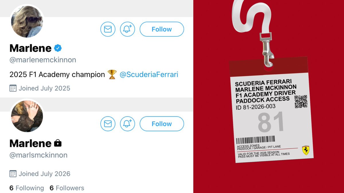 jegulussy's tweet photo. PROFILES: SCUDERIA FERRARI

James Potter &amp; Remus Lupin — F1 Drivers

Marlene McKinnon — Ferrari F1 Academy
Driver

Regulus Black — Formerly part of Mercedes’ trackside performance engineering group, now joining Ferrari as James Potter's race engineer for the 2026 season https://t.co/IgM50ubkzi
