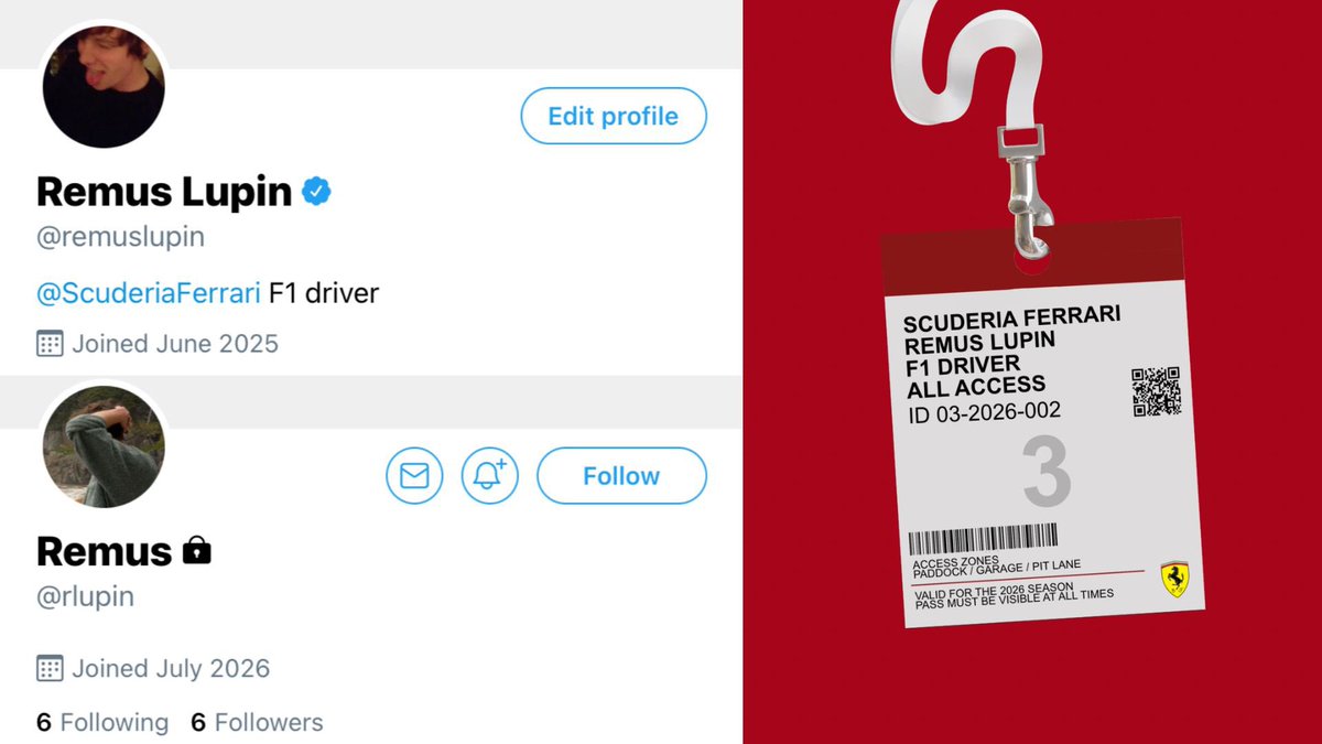 jegulussy's tweet photo. PROFILES: SCUDERIA FERRARI

James Potter &amp; Remus Lupin — F1 Drivers

Marlene McKinnon — Ferrari F1 Academy
Driver

Regulus Black — Formerly part of Mercedes’ trackside performance engineering group, now joining Ferrari as James Potter's race engineer for the 2026 season https://t.co/IgM50ubkzi