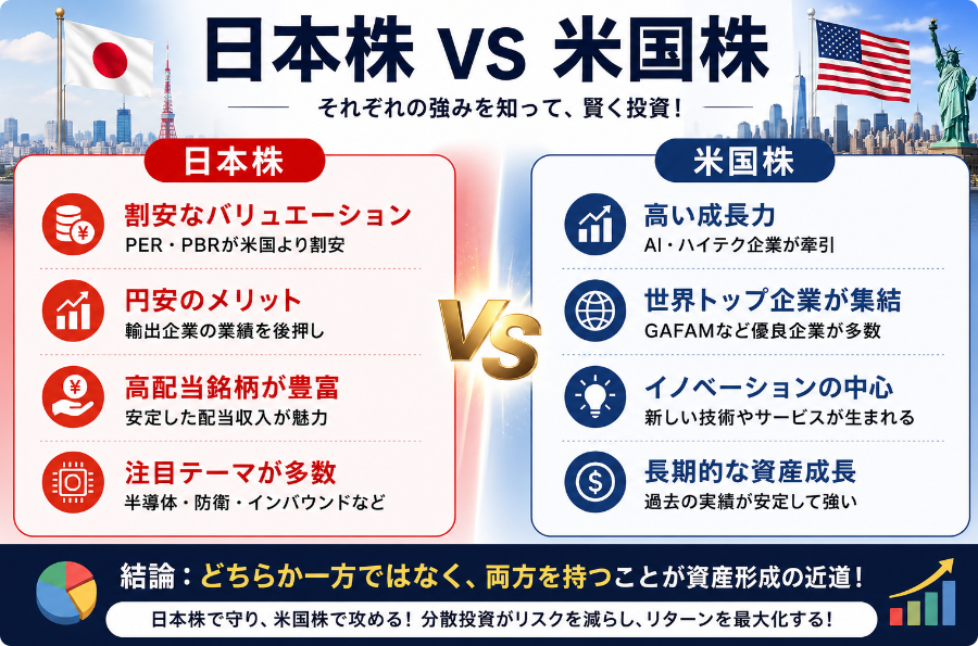 A6808618's tweet photo. 🇯🇵 日本株 vs 🇺🇸米国株、今狙うならどっち？

📈 日本株
✅ 円��メリット
✅ 半導体・防衛・銀行が追い風
✅ ���リュエーションは米国より割安

🇺🇸 米国株
✅ AI・ハイテクが依然主役
✅ 世界トップ企業が集結
✅ 長期成長力は圧倒的

「どちらか一方」ではなく、両方を持つことが資産形成の近道。 https://t.co/VA5EIFwwdV