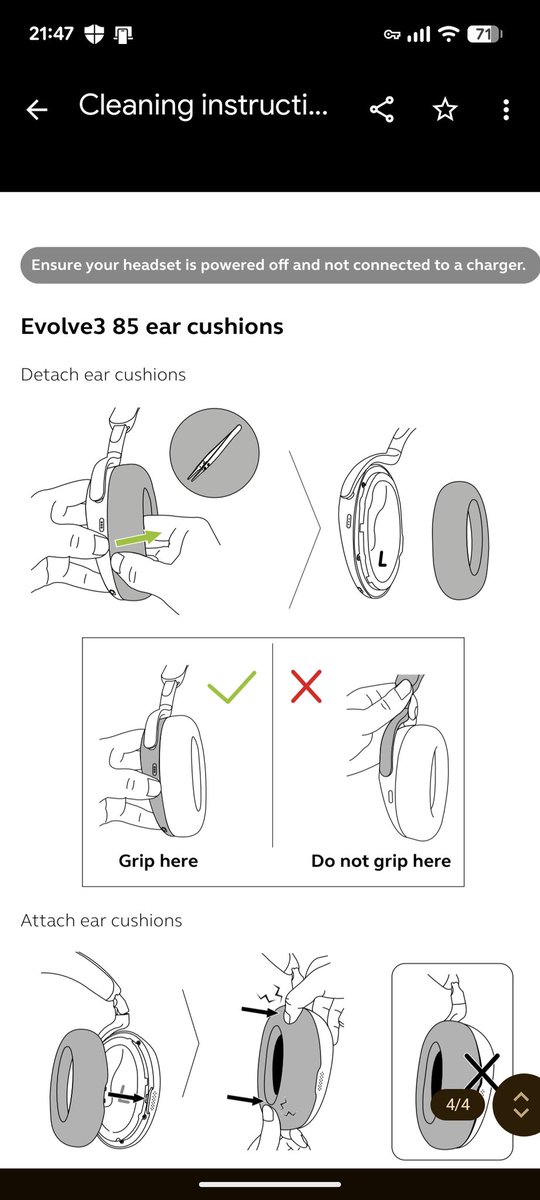 OwnerGyaman's tweet photo. Can anyone advise me how to detach the ear cushions of  Jabra evolve3 85 from the ear pad bodies in detail step by step?
I cannot do it seeing the official manual... https://t.co/dNcRnQhIyR