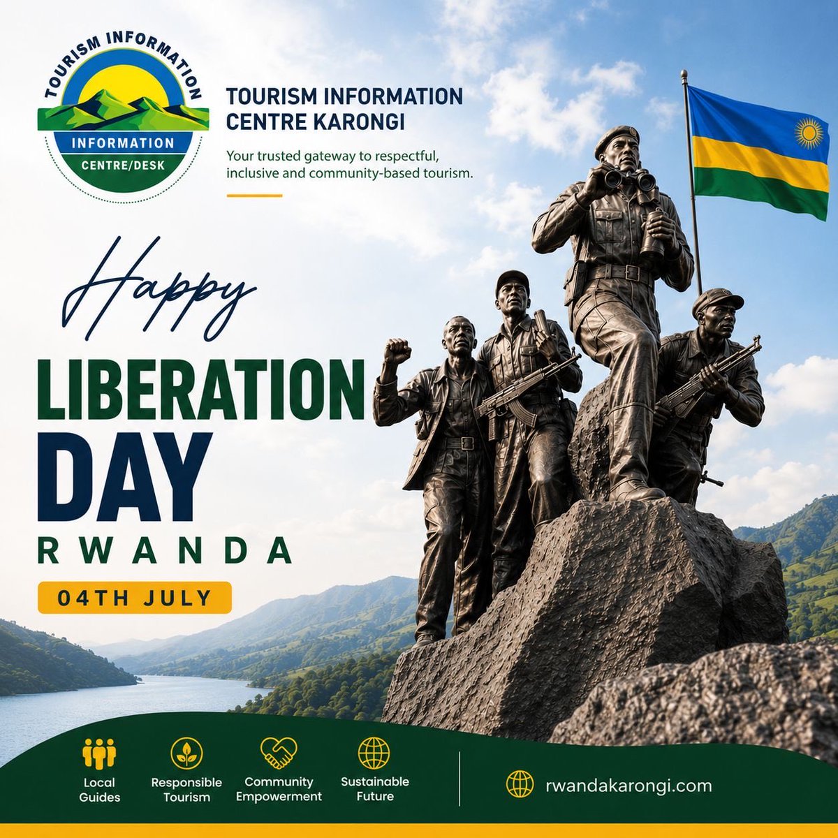 off_TourKarongi's tweet photo. Enjoy Liberation Day!

Today, we proudly join all Rwandans in celebrating the courage, resilience, and sacrifices that led to our nation's freedom and continue to inspire our future.
 
Visit us at: https://t.co/JH33vFipqi
#RwandaLiberationDay #VisitKarongi #Rwanda #Explore https://t.co/WwIhCrcIkV