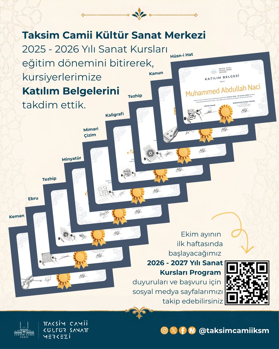 taksimcamiiksm's tweet photo. Taksim Camii Kültür Sanat Merkezi 2025 - 2026 Yılı Sanat Kursları eğitim dönemini bitirerek, kursiyerlerimize Katılım Belgelerini takdim ettik.

Ekim ayının ilk haftasında başlayacağımız 2026 - 2027 Yılı Sanat Kursları için Ağustos sonu gibi paylaşımlarını yapacağımız kurs duyuruları ve başvuru için sosyal medya sayfalarımızı takip edebilirsiniz.

@taksimcamiiksm @tcvakfi @taksimcamii @taksimkitabevi 

#taksimcamii #taksimcamiikültürmerkezi 
#sanatkursları