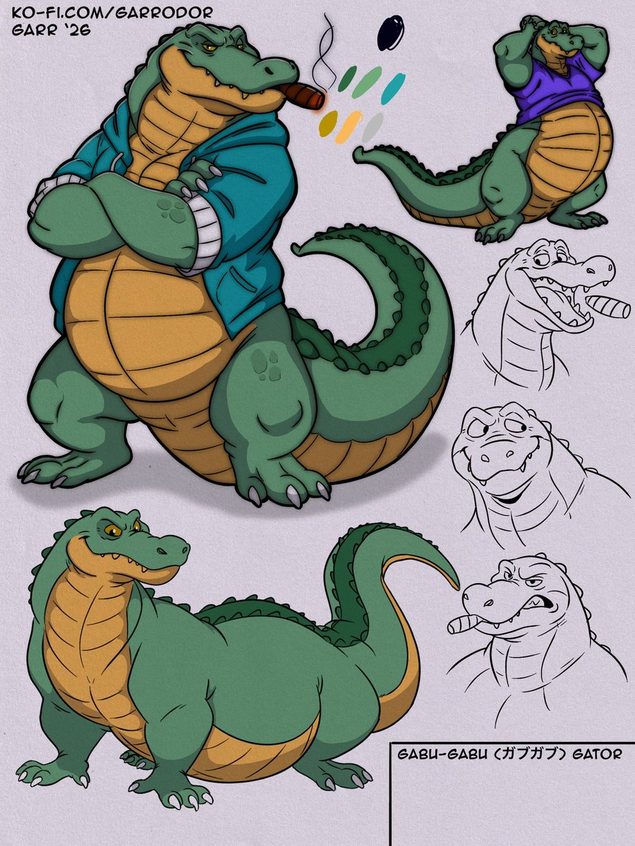 Garrodor's tweet photo. I’ve been working on my 🐊 Gator’s reference sheet a little more. He’s not done yet, but I finally gave him a name I’m happy with :)

❤️ 
You can find more of my doodles on Patreon! Or you can gift me a ko-fi! Thank you :) 
💜

https://t.co/B4FassKP7a
https://t.co/uevloiCzMx https://t.co/X4HcE90ia1