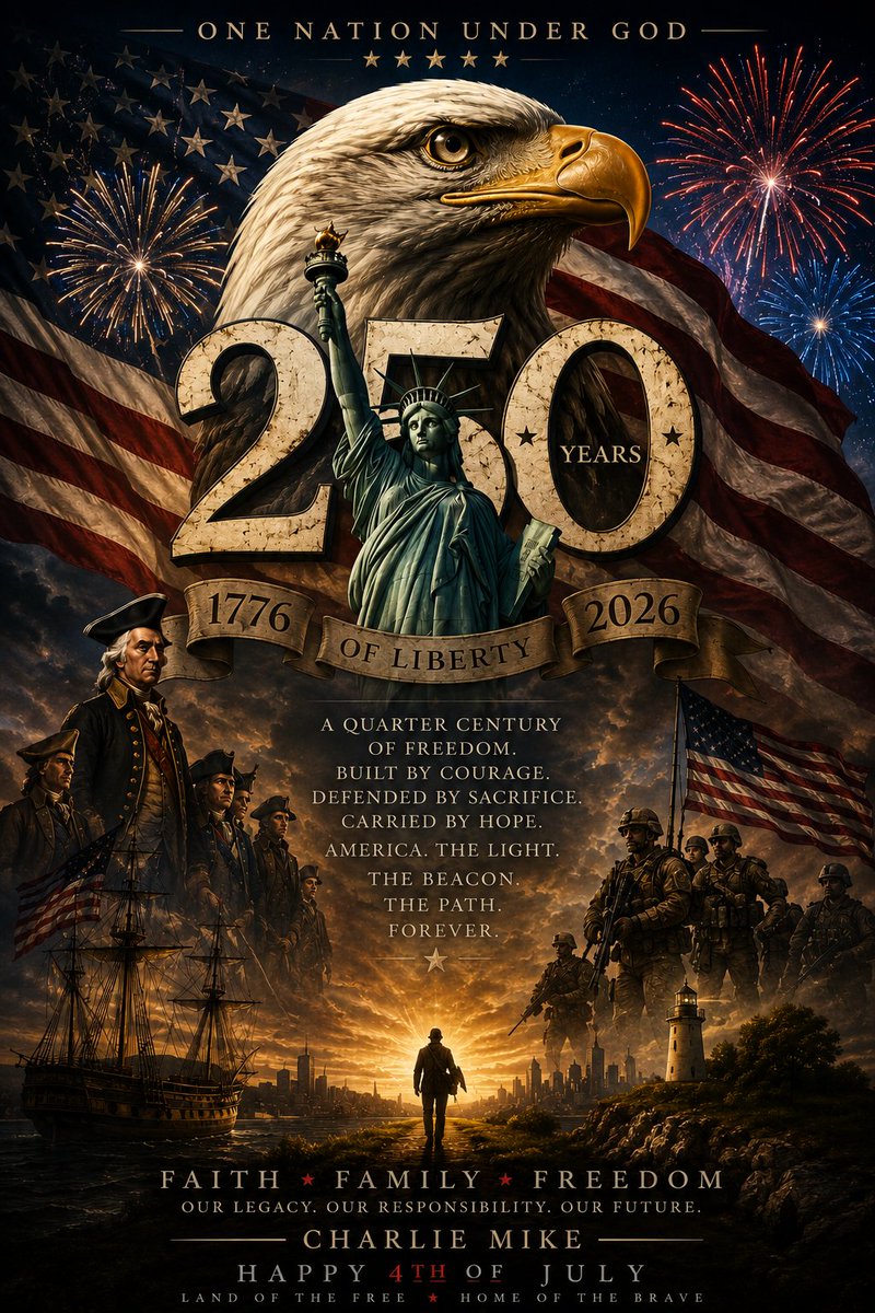 CharlieMike1376's tweet photo. Two hundred and fifty years ago, a handful of stubborn sons of liberty looked the greatest empire on earth in the eye and said, "Not a damn chance."

Since then, Americans have crossed frozen rivers, stormed beaches, fought through jungles, deserts, mountains, and cities. Farmers. Miners. Factory workers. Ranchers. Teachers. Police. Firefighters. Sailors. Marines. Airmen. Guardians. Soldiers.
Ordinary people who did some badass things because freedom isn't inherited—it has to be earned, defended, and, when necessary, fought for.

America isn't perfect.
Hell... she never has been.
But I'll be damned if there's another flag that's carried more hope, crushed more tyrants, or inspired more people to risk everything for the chance to be free.

So today, I don't celebrate politicians.
I celebrate the men and women who stood the hell up when evil came knocking.

I celebrate the families who carried the burden.

I celebrate every American who's still willing to say, "This Republic is worth fighting for."

Faith.

Family.

Freedom.

Raise the flag.

Light the fireworks.

Hug your family.

Remember the fallen.

And thank God you're an American.
Happy 250th Birthday, America.
Now let's get our shit together and make damn sure the next 250 years are worthy of the sacrifices that bought the first.

Charlie Mike. 🇺🇸

#America250 #FourthOfJuly #IndependenceDay #USA250 #WeThePeople #Freedom #Patriot #Veteran #CharlieMike
