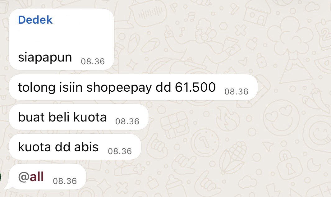 odedarling's tweet photo. mirip adek gue tapi pinternya dia adalah ngomongnya langsung di grup keluarga dan tag semuanya dengan jurus pura pura melasnya itu ☺️ https://t.co/nfg9UQ7SaB