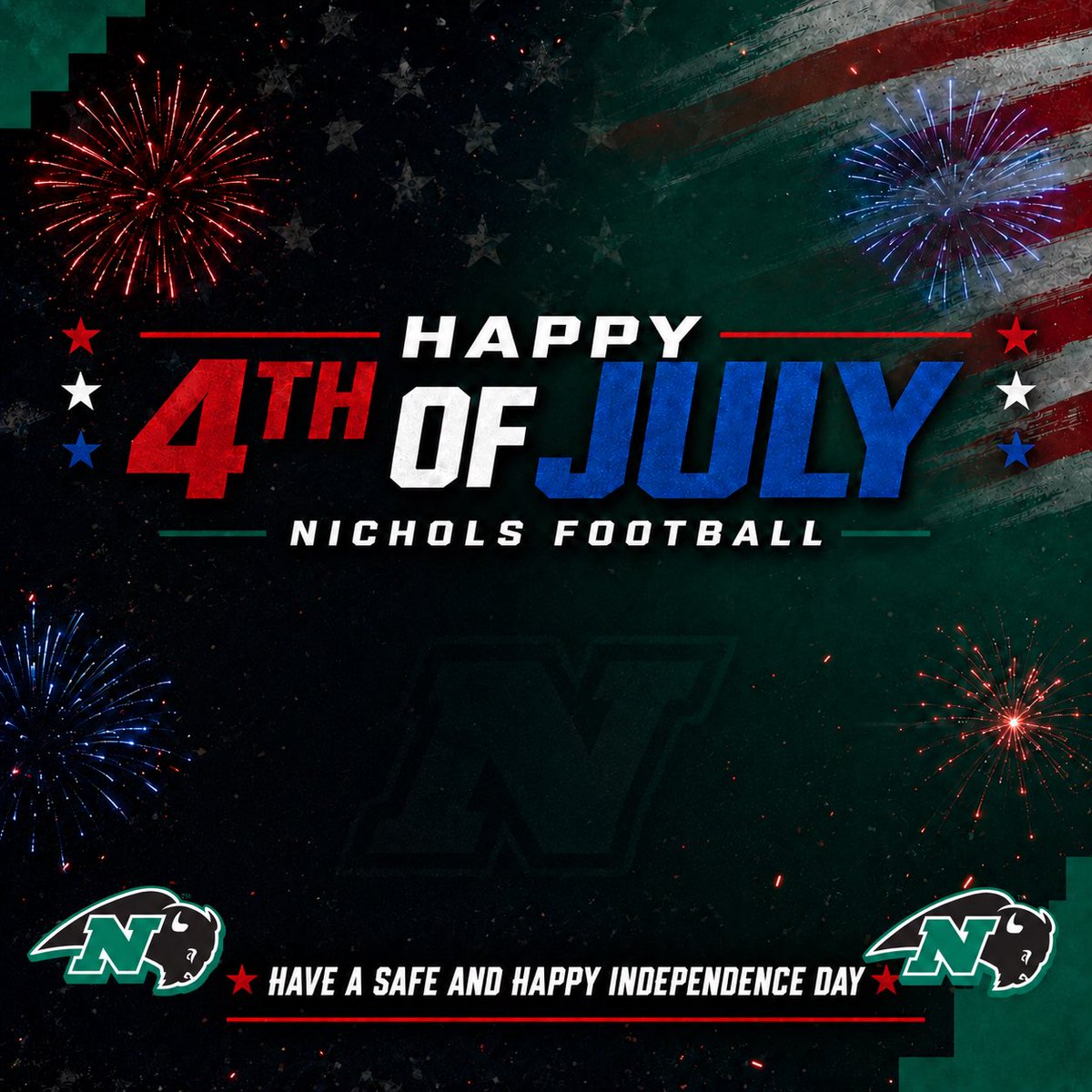 NicholsBisonFB's tweet photo. #JoinTheHerd As we wish America a 250th birthday on this 4th of July! 🇺🇸💪🎊 
@CoachVBisonHC @ncbison @Nichols_College https://t.co/NTG0EjiD5I