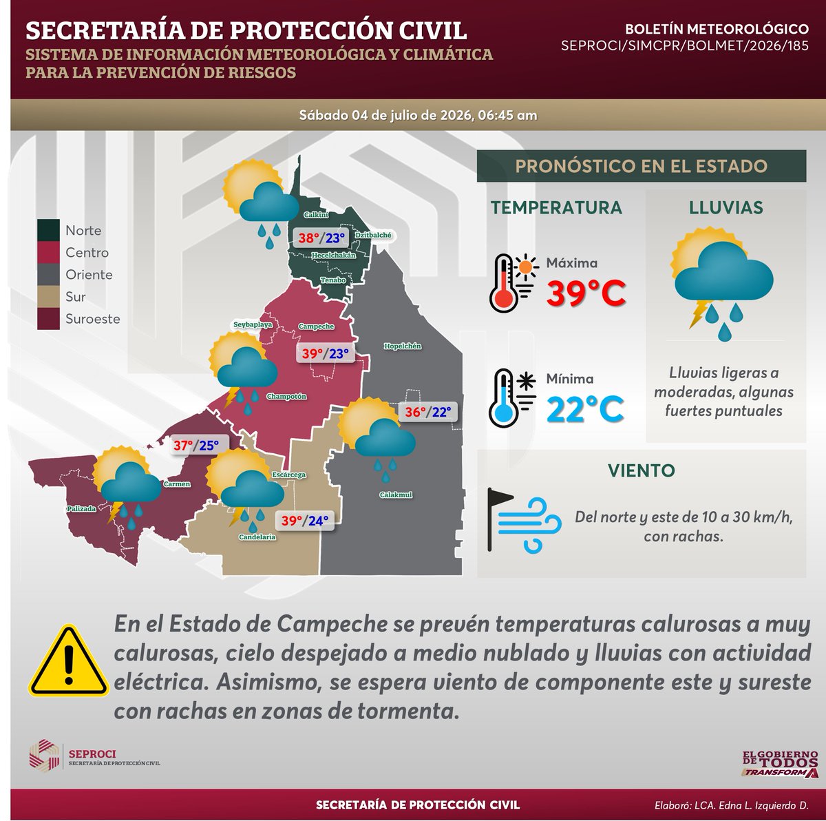 SEPROCICAMP's tweet photo. #BoletínMeteorológico 

En el Estado de Campeche se prevén temperaturas calurosas a muy calurosas y lluvias con actividad eléctrica.

@anuardager @LaydaSansores @UCSCampeche 
#GobiernoDeTodosTransforma #Seproci https://t.co/Nm7W7VreUe