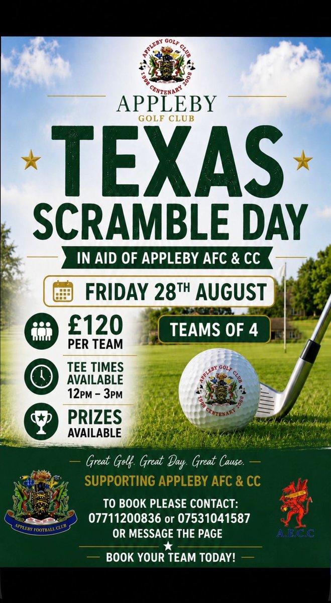 ApplebyAFC's tweet photo. ⛳️ TEXAS SCRAMBLE DAY ⛳️ 

We are very excited to host a texas scramble @applebygolf on the 28th August!

This is a fundraising event for Appleby AFC &amp; @applebyedencc 

To book your team or for more information please contact the pages or message 07711200836 or 07531041597. https://t.co/wywCzgRnHN