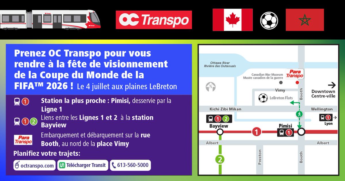 OC_Transpo's tweet photo. Rappel: une forte affluence est attendue près de Booth Street cet après-midi ⚽

👀 Vous comptez vous rendre à la Visionnement gratuit de la Coupe du monde de la FIFA™ 2026 pour encourager l’équipe du Canada @CANMNT_Official aujourd’hui à 13 h?

(1/3) https://t.co/EoLEnWuIAa