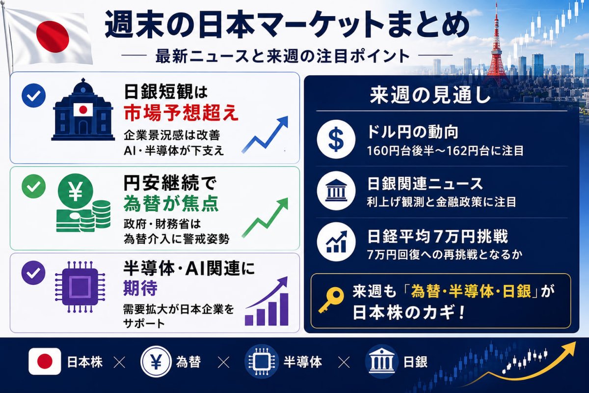 w08090618's tweet photo. 🇯🇵 週末マーケットまとめ

✅ 日銀短観は市場予想超え
✅ 円安継続で為替が焦点
✅ 半導体・AI関連に期待🔥

📊 来週の注目
・ドル円の動向
・日銀関連ニュース
・日経平均7万円挑戦

来週も為替×半導体×日銀が株のカギ📈 https://t.co/lfreLX1xM6