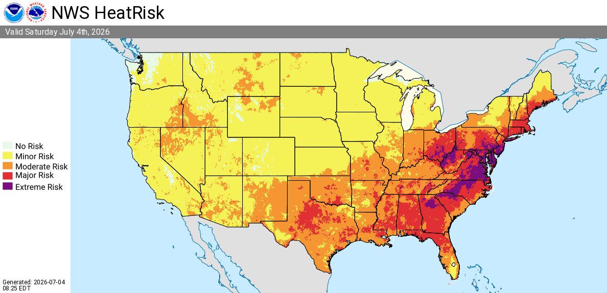 NWS's tweet photo. Happy Independence Day!🇺🇸🎆

A prolonged, dangerous heat wave will persist through the Independence Day weekend across the Ohio Valley, Midwest, and Mid-Atlantic. Numerous temperature records are expected. 🥵

Clusters of severe thunderstorms will move across parts of the Allegheny Plateau into Mid Atlantic this Independence Day, with potential for widespread damaging winds. Additional severe thunderstorms in the Great Plains. ⛈️

Check your local forecast at https://t.co/qk3BcVP5M8