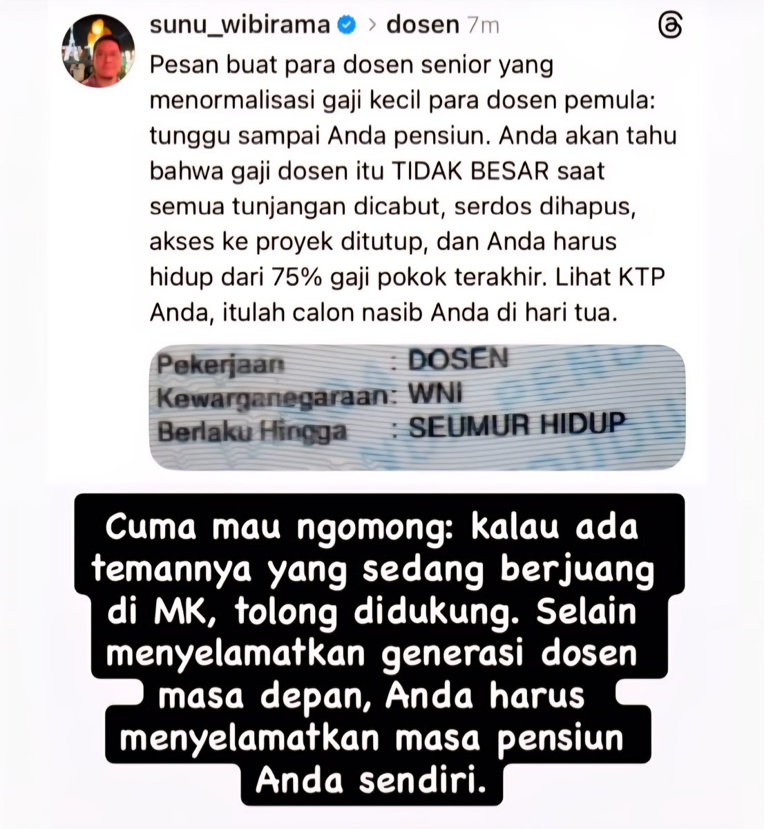 temannasiliwet's tweet photo. Ironinya begitu. Banyak yang enggan bergerak selama masih berada di zona nyamannya. Nanti, setelah periuk nasinya sendiri yang tersenggol, baru sibuk mencari pegangan. H.e.h.e

Makin ironi rasanya baru baca..
Dosen - WNI - seumur hidup

H.e.h.e

Credit: Pak Dosen Sunu Wibirama https://t.co/F0jNo6wS0C