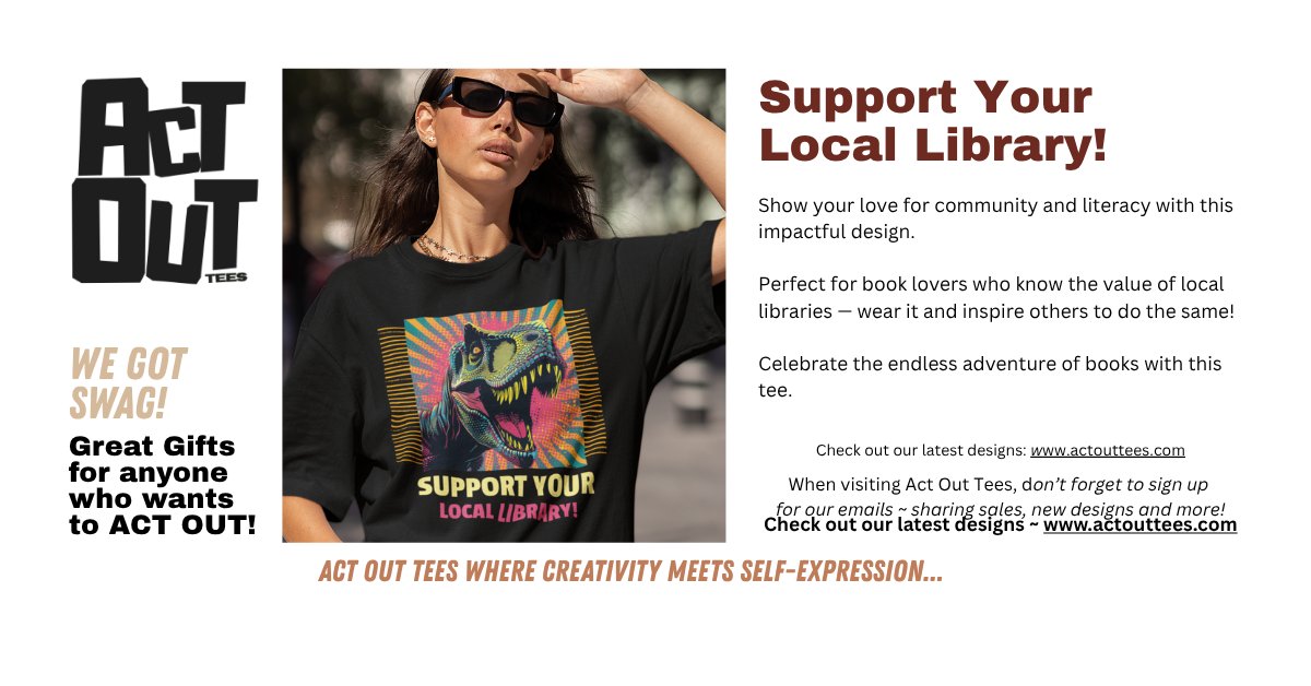 JoeNendza17334's tweet photo. Support Your Local Library!
Act Out Tees ~ https://t.co/qBAyk2gh1w
#supportlibraries #community #literacy #reading #booklover #librarylove #knowledge #bibliophile #librarylife #books #education #readerlife #librariesmatter #PrintOnDemand #Tees https://t.co/RkoLv4ZZal