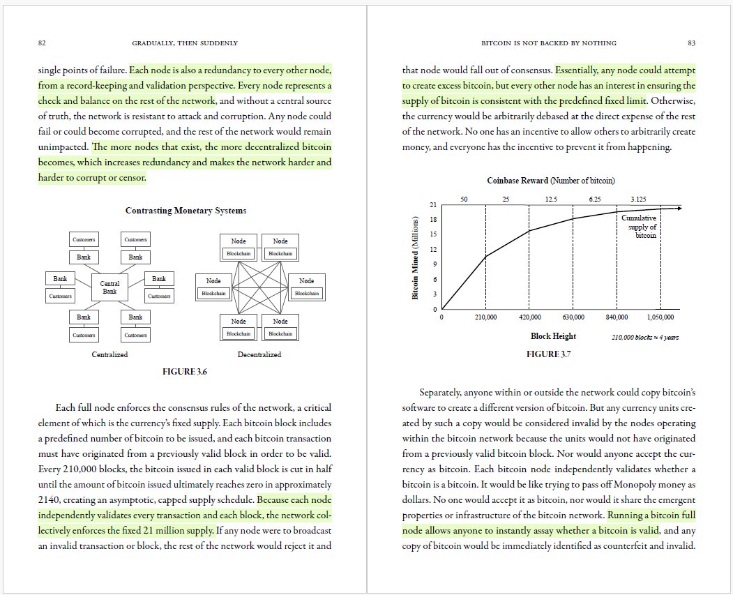 parkeralewis's tweet photo. Bitcoin doesn't have a fixed supply because of magic software code. Nodes enforce the fixed supply (validating every transaction and block which must be consistent with it), create redundancy reducing fragility and provide permissionless access to the network. Study bitcoin! https://t.co/5tKFRLPfVd