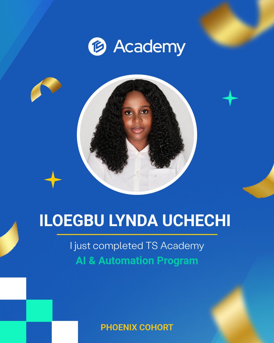 Uchechilyn's tweet photo. 🎓 Just completed the AI &amp; Automation Program at @TechSphereAcad, Phoenix Cohort!
From Pharmacy to Tech, this has been a journey of learning, building and growing. Grateful for every step.
🚀 
#AIAutomation #TSAcademy #PhoenixCohort https://t.co/q19s7ExyCF