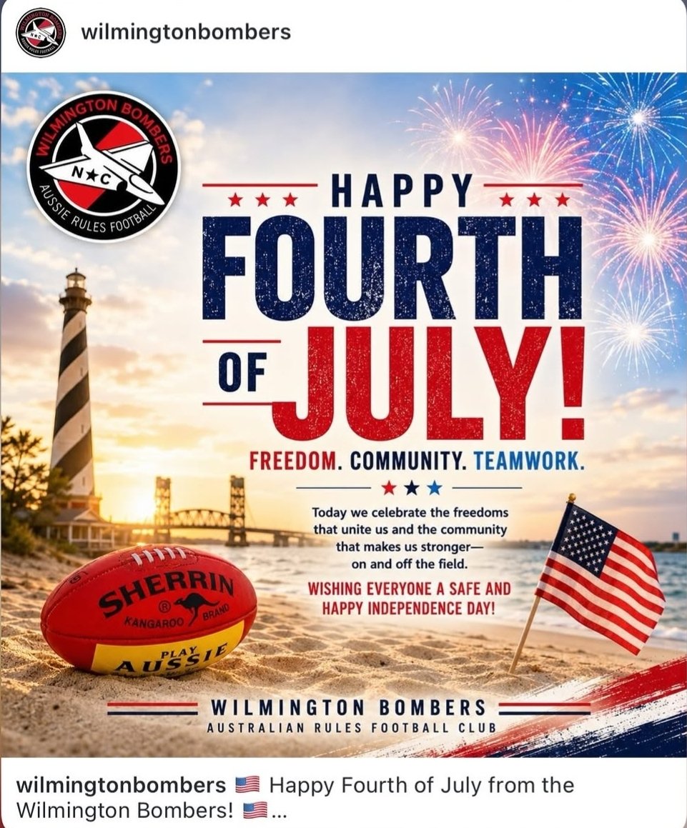 playaussiehq's tweet photo. Happy 4th from us and the @WilmBombers a great footy club in NC we've supported since they began. #afl #aussierulesfootball #sportsupport https://t.co/X50wtHwGtS