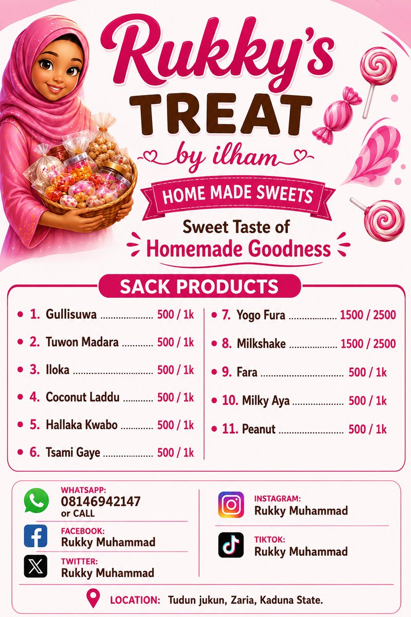 ilham_mafindi's tweet photo. 🍬 Northern Candies that taste like home! 🇳🇬

Fresh, affordable, and made with love. 😋

Please reshare
✨ 

📦 Nationwide delivery.
💬 DM to order.

One taste and you'll keep coming back! ❤️

#NorthernCandies #Arewa #MadeInNigeria #SmallBusiness #SupportSmallBusiness https://t.co/lFRdu7my4s