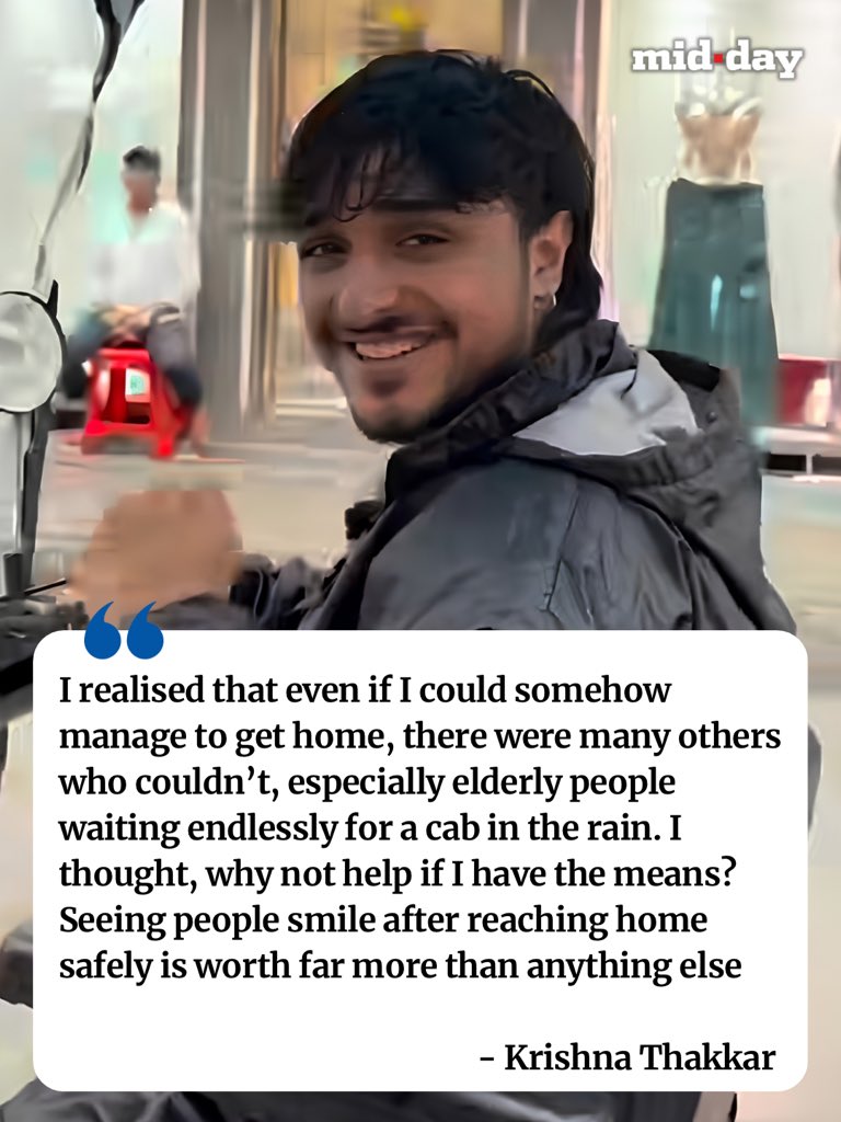 mid_day's tweet photo. Amid Mumbai’s monsoon chaos, flooded roads, long waits and expensive cab fares makes commuting difficult, 18-year-old Krishna Thakkar is helping stranded commuters get home safely.

Using his modified electric scooter, Krishna has been offering free rides, especially to senior citizens, across South Mumbai. So far, he has helped over 20-25 people, turning a difficult commute into an act of kindness.