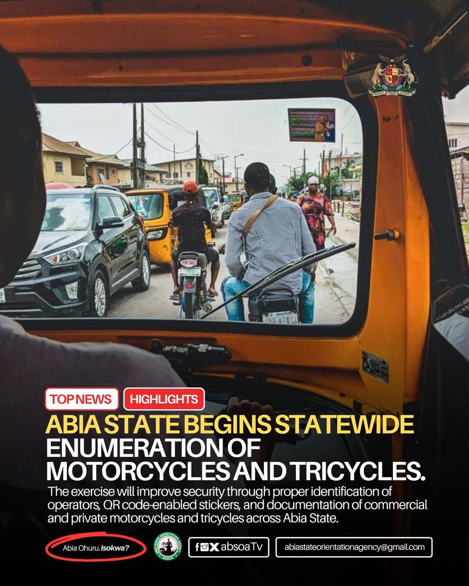 absoaTv's tweet photo. Commercial and private motorcycle and tricycle operators in Abia, the statewide enumeration exercise is ongoing.

Get your QR code enabled identification sticker and coded vest by participating. If your documents are not complete, now is the time to regularize them.

Together, https://t.co/VLApB801UE