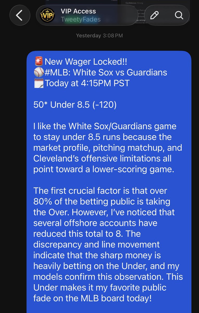 TweetyFades's tweet photo. 50* CWS/CLE Under 8.5✅

Projected: 4-3
Actual: 4-3 

Nice winner last night for VIPs as we landed on 7 runs as projected! We are now 14-8 (64%) +179.85u for the week! @SportsDataNow🚀

Time to get the weekend started!🍀