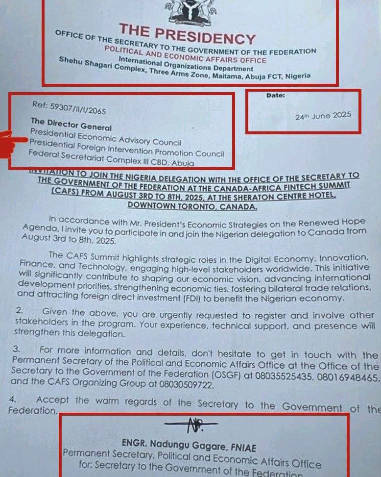 SamuelOmogor's tweet photo. On the June 24 2025, Prince Adeniyi, the very clever 'con artist' got himself invited by the Presidency, (Office of the Secretary to the Government of the Federation) to be part of a foreign trip to Canada. And got the Perm Sec to sign the letter.

Abi, him forge de letter ni?😂 https://t.co/KFnYpxWhuo