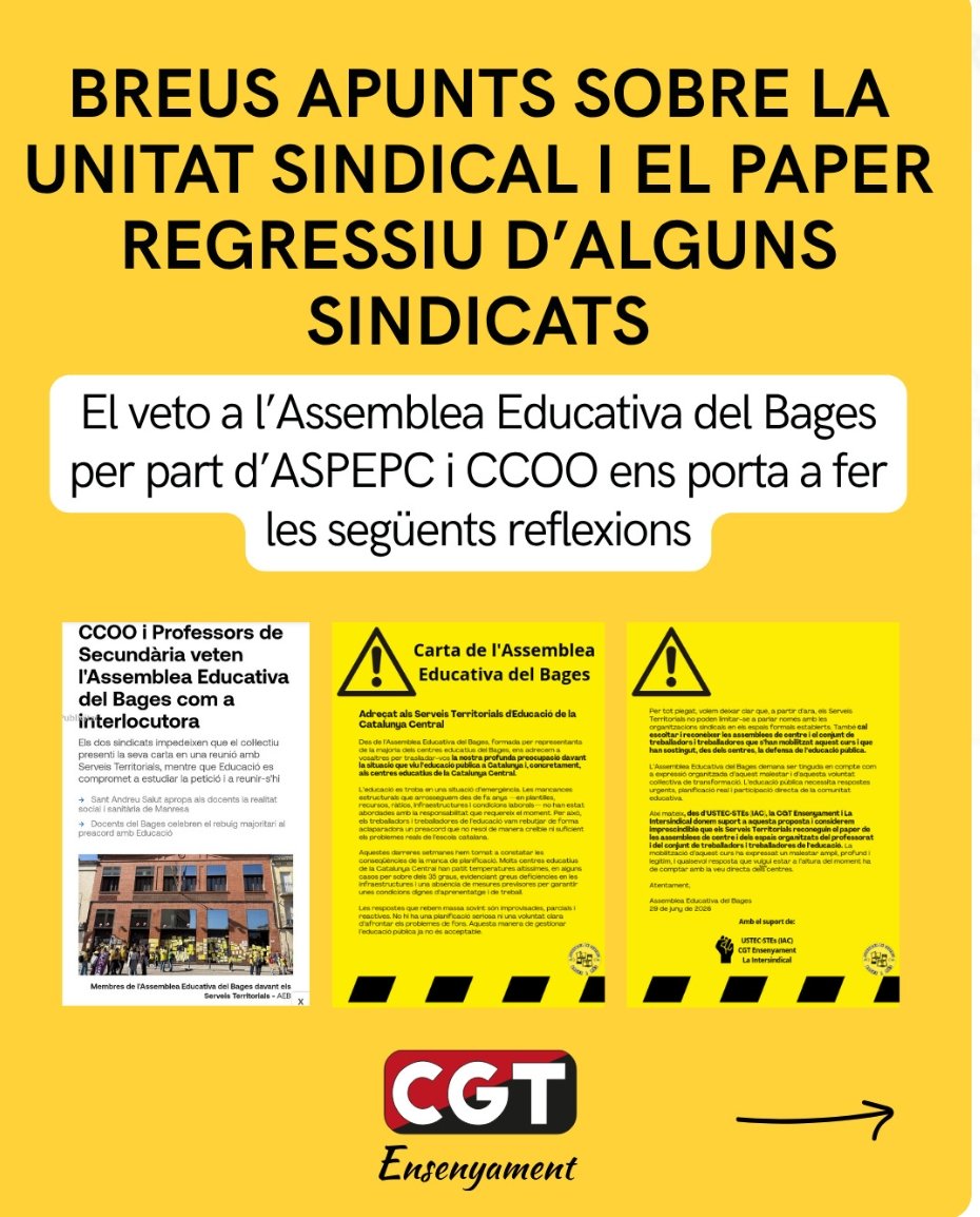 cgtense's tweet photo. 🧵sobre el veto @sindicat i @CCOOeducacio a l’Assemblea Educativa del Bages, que marca una línia vermella: cap sindicat pot bloquejar la veu de les assemblees que han sostingut la lluita des de baix‼️
1/3 https://t.co/MOHOmUCc4j