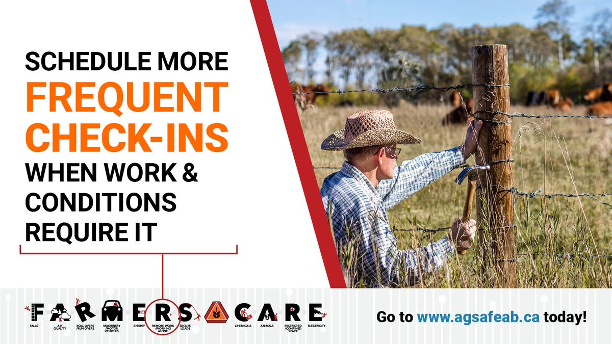 AgSafeAlberta's tweet photo. Hazardous work, high temperatures &amp; health conditions increase the need for frequent check-ins. Visit https://t.co/PE0Balw6E0 for tools and resources.

#AgSafety #FarmSafety #HazardID #AlbertaFarmSafePlan #abag #CdnAg https://t.co/cYdZcj2v9Y