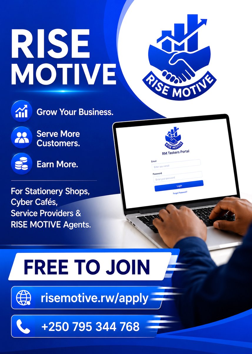 risemotive_rw's tweet photo. 📌Calling All Online Service Providers, Irembo Agents, Cyber Café Owners, ICT Professionals &amp; Future RM Agents to Join the RISE MOTIVE Platform and Start Offering Services to More Customers.: https://t.co/PTfKN4FqFw

ℹ️ To Apply, Click on Self Apply Button https://t.co/52tTKF9Ov8