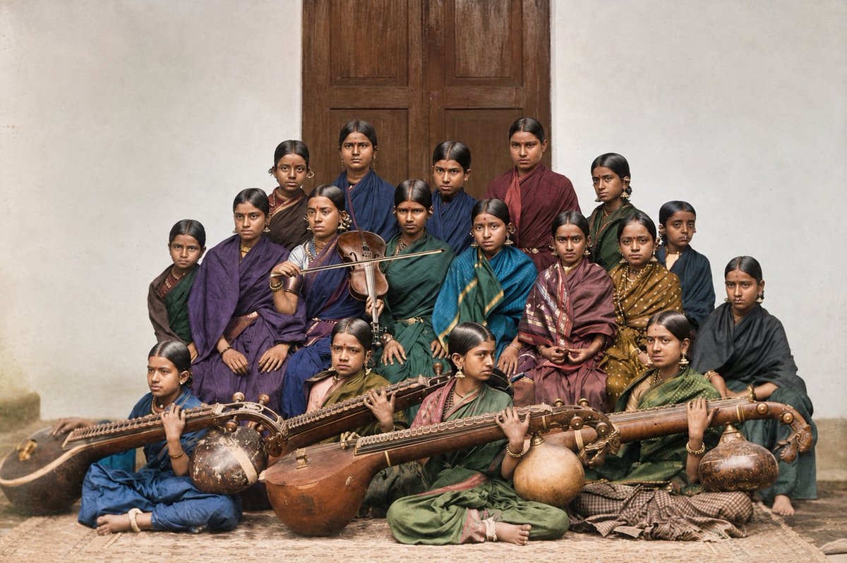 b0red_historian's tweet photo. Pupils attending Maharani's Girls' College, Mysore (1890s). Colourized. https://t.co/K9zCk7tHN6