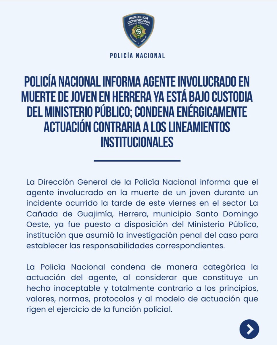 JaimeRinconRD's tweet photo. Comunicado de la Policía Nacional sobre el agente que le quitó la vida al joven en Herrera, SD Oeste. https://t.co/tUq69ZoA2a