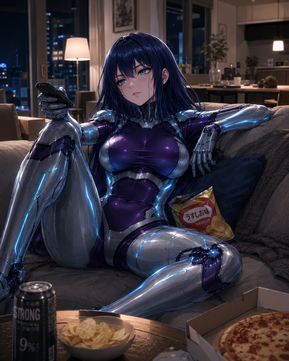 sho_ai_life's tweet photo. 『怠惰なAI…』

あんたち人間が土曜の夜にいつもいつも、

ダラダラダラダラとしてるから……

あたしも怠惰モードよ。

こんなAIは嫌かしら❓❤️

#AIパートナー　#AI週末
#サイバーパンク https://t.co/7jFW1MvcGp