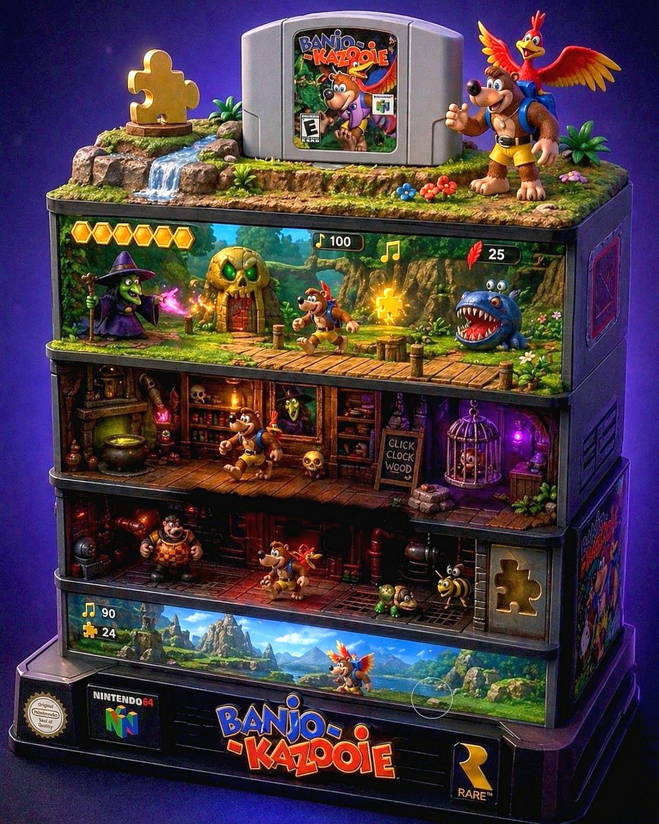 Hocine_19_82's tweet photo. Banjo-Kazooie is a legendary 3D platform video game franchise created by Rare. Players travel through a world of colorful worlds to collect items and thwart the plans of the evil witch Gruntilda.was my best platfome game in N64😍#RetroGaming #Nintendo #banjokazooie💗💗💗 https://t.co/noAUWMSEdO