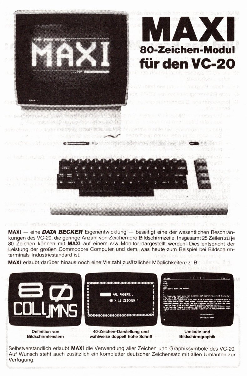 Retrojournal_de's tweet photo. 💾80 Zeichen auf dem VC-20?
Mit MAXI, einer #DATABECKER-Eigenentwicklung, bekam der VC-20 ein 80-Zeichen-Modul – ein großer Schritt für ernsthafte Textverarbeitung.
Dazu gab's Fenstertechnik, doppelt hohe Schrift, Umlaute und sogar Bildschirmgrafik.
#VC20 #Commodore https://t.co/FxvEQclUjZ