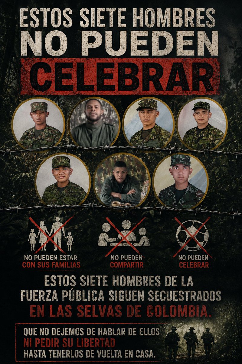 StephBatesPress's tweet photo. #Colombia #Secuestro #Libertad En las selvas de Colombia hay siete miembros de la Fuerza Pública que llevan meses secuestrados. Para ellos no hay celebraciones de fútbol, ni Mundial, ni días festivos. Solo hay encierro, incertidumbre y ausencia de libertad.

Que no se nos olvide que, mientras millones celebran, ellos siguen privados de su derecho más fundamental: la libertad. Todo por cumplir con la misión de defender a Colombia y proteger su democracia.

Ojalá no dejemos de hablar de ellos y pedir su libertad hasta que regresen a casa.