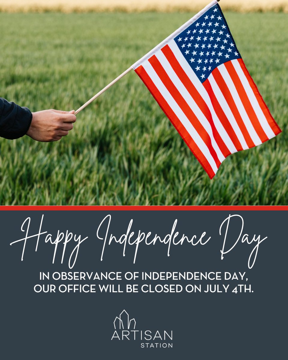 renttheartisan's tweet photo. 🎆 Our office will be closed on Saturday, July 4th in observance of the holiday. Have a safe and happy Independence Day!❤️💙 
#SPGCommunity #artisanstationapts https://t.co/9kyOzcU2g4
