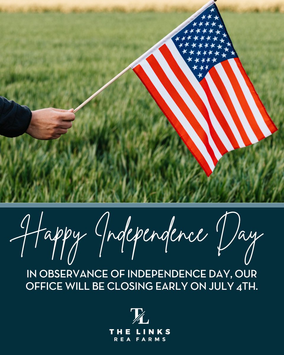 LinksReaFarms's tweet photo. 🎆 Our office will be closing at 2pm on Saturday, July 4th in observance of the holiday. Have a safe and happy Independence Day!❤️💙 
#SPGCommunity #thelinksreafarms https://t.co/PC0rp4YTI7