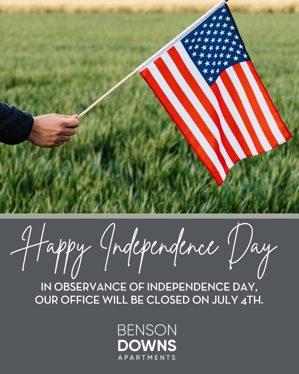 BensonDowns's tweet photo. 🎆 Our office will be closed on Saturday, July 4th in observance of the holiday. Have a safe and happy Independence Day!❤️💙 
#SPGCommunity #bensondowns https://t.co/86TaZTu93P