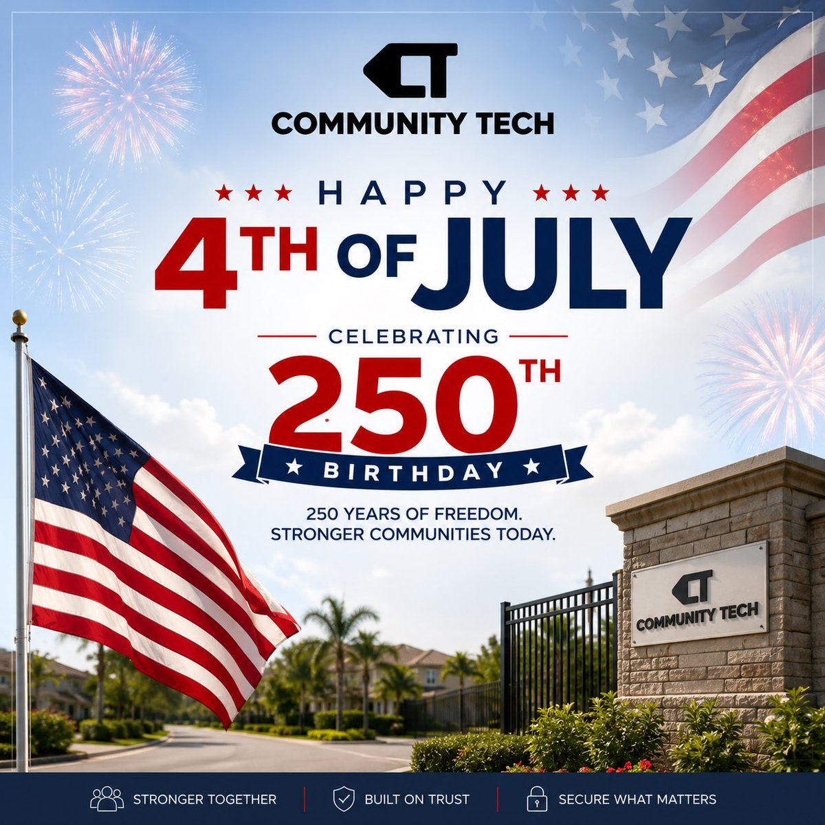 CommunityTech_'s tweet photo. Happy 250th Birthday, America! 🇺🇸

Today we celebrate 250 years of freedom, resilience, and the communities that make our nation strong.

From all of us at Community Tech, have a safe and happy Independence Day! https://t.co/Y1UNZulcMT