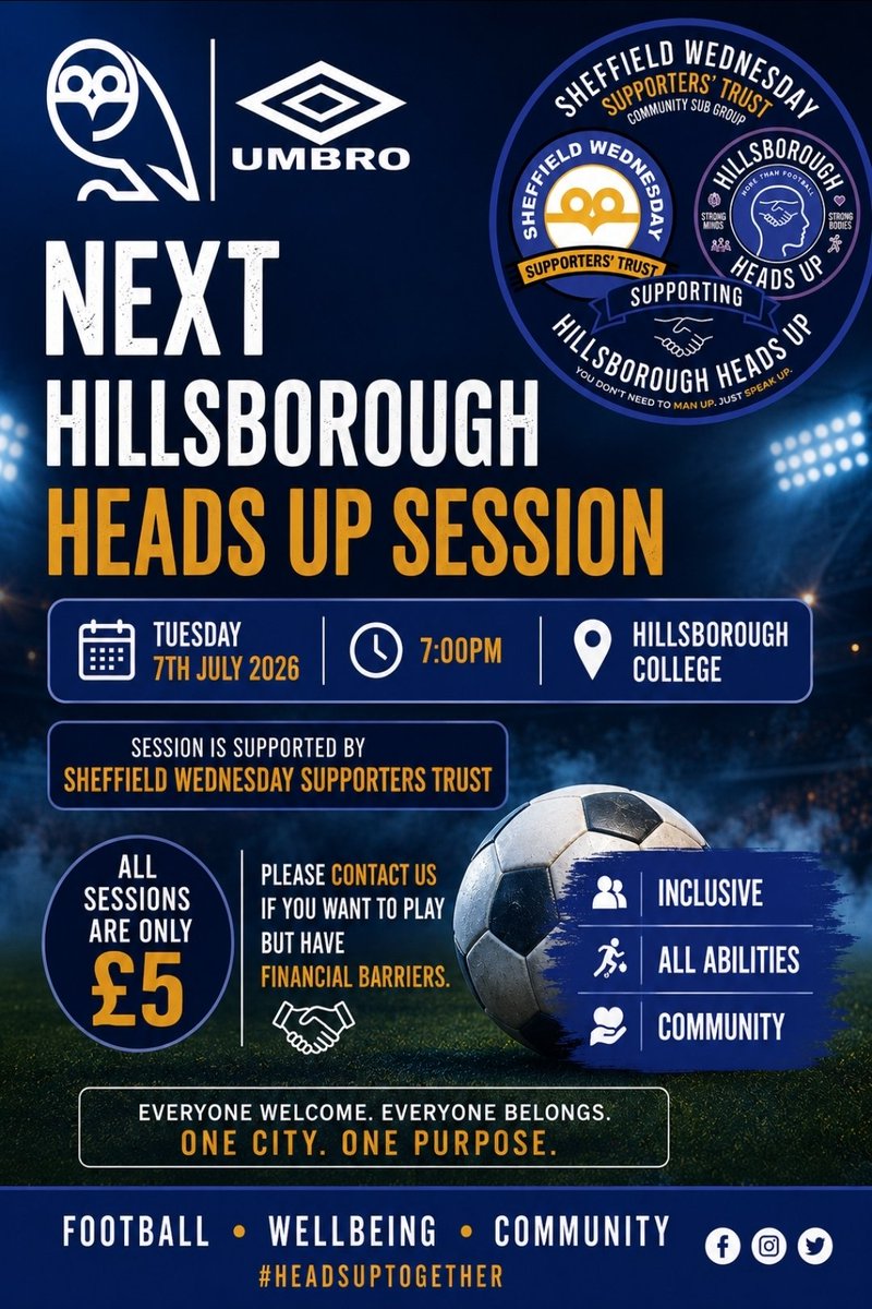 Andrewosborne32's tweet photo. ⚽ Join us Tuesday 7 July, 7pm at Hillsborough College. Inclusive football for all abilities, proudly supported by the @SWFCTrust £5. Financial barriers? Contact us. 💙 #HeadsUpTogether @TWWcast @LGBT_Owls @OwlsExtra @ArmedForcesOwls @Owlstalk @jakerowl1 #swfc https://t.co/AE5YhACZrY