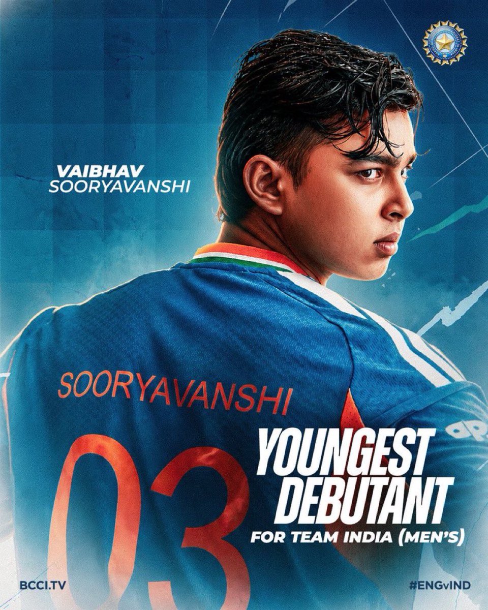 Cric_Punch's tweet photo. 🇮🇳 T20I DEBUT 🇮🇳

The Future Arrives.

15 Years, 99 Days
Youngest player to represent India in T20Is.

Dreams have no age.
The Blue Jersey. The Biggest Stage.

Congratulations, Vaibhav! 💙

#TeamIndia | #ENGvsIND | #T20I | #VaibhavSooryavanshi https://t.co/XbgC1knLGJ