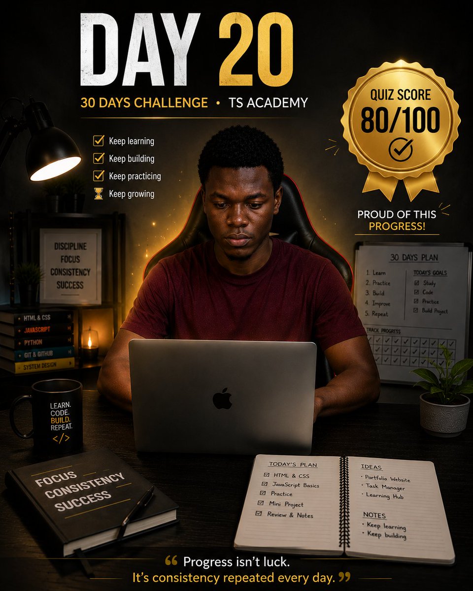 odesolafranklin's tweet photo. Day 20 of my 30 Days Challenge at TS Academy 💻

Today's highlight: I scored 80/100 on my latest quiz. 🎉

That score isn't just a number it's proof that the hours of studying, practicing, and staying consistent are paying off.

@TechSphereAcad
#30DaysOfTech #LearningWithTS https://t.co/mCBIfTAlt5