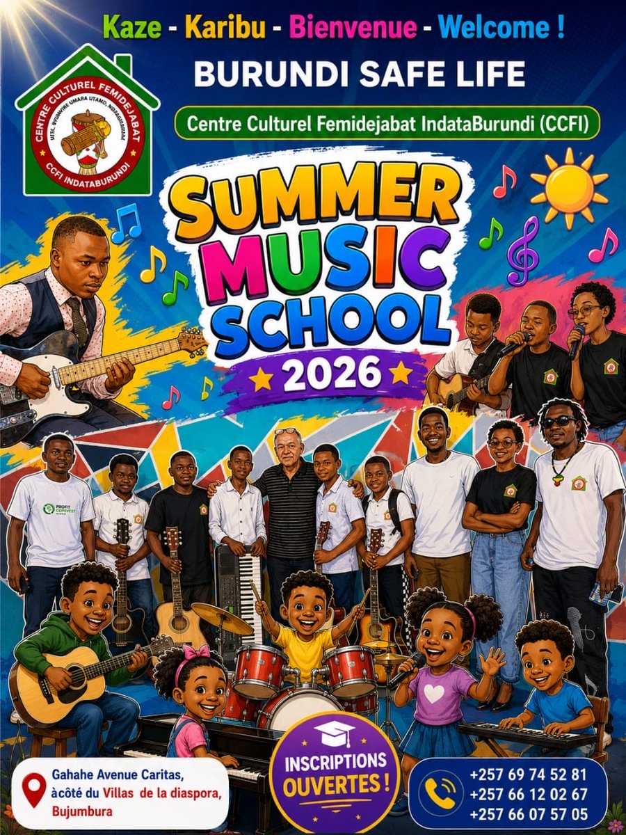 FemidejabatB's tweet photo. BURUNDI SUMMER MUSIC SCHOOL🇧🇮
🎼IKAZE MW’ISHURE Y’UMUZIKI MU BURUHUKO BWO MU CI ( Burundi Summer Music School ) 
Abavyeyi, urwaruka n'abana mwese murahawe ikaze! Mbega umwana wawe akunda kuririmba? Akunda gucuranga? Canke afise ingabirano y'umuziki yipfuza gukuza?

BURUNDI SAFE LIFE ibicishije mu kigo ndangakaranga #Femidejabat_IndataBurundi ibahaye ikaze mu gikorwa kidasanzwe BURUNDI SUMMER MUSIC SCHOOL 2026, aho abana, urwaruka n'abakuze bazohabwa inyigisho z'umuziki mu gihe c’uburuhuko bwo mu ci. 

Ni kubifuza kwiga kuririmba no kuvuza:

🎸 Guitar (Acoustic & Electric)
🎹 Piano / Keyboard
🥁 Batterie (Drums)
Hamwe n’ibicurarangisho kavukire: 
Inanga, idonongo, ikembe, umuduri n’umwironge.

📍Adresse: Gahahe Avenue Caritas, hafi ya Villas de la diaspora, Bujumbura.

📞 Duhamagare kuri: ☎️ +257 69 74 52 81
☎️ +257 66 12 02 67
☎️ +257 66 07 57 05

📹👉🏿: https://t.co/vIAgjaEVYk…

 Kaze muri benshi!
https://t.co/FSA5oz4k8f

@KwaNtare @NtareHouse 
@MinJSCBdi @MAEBurundi