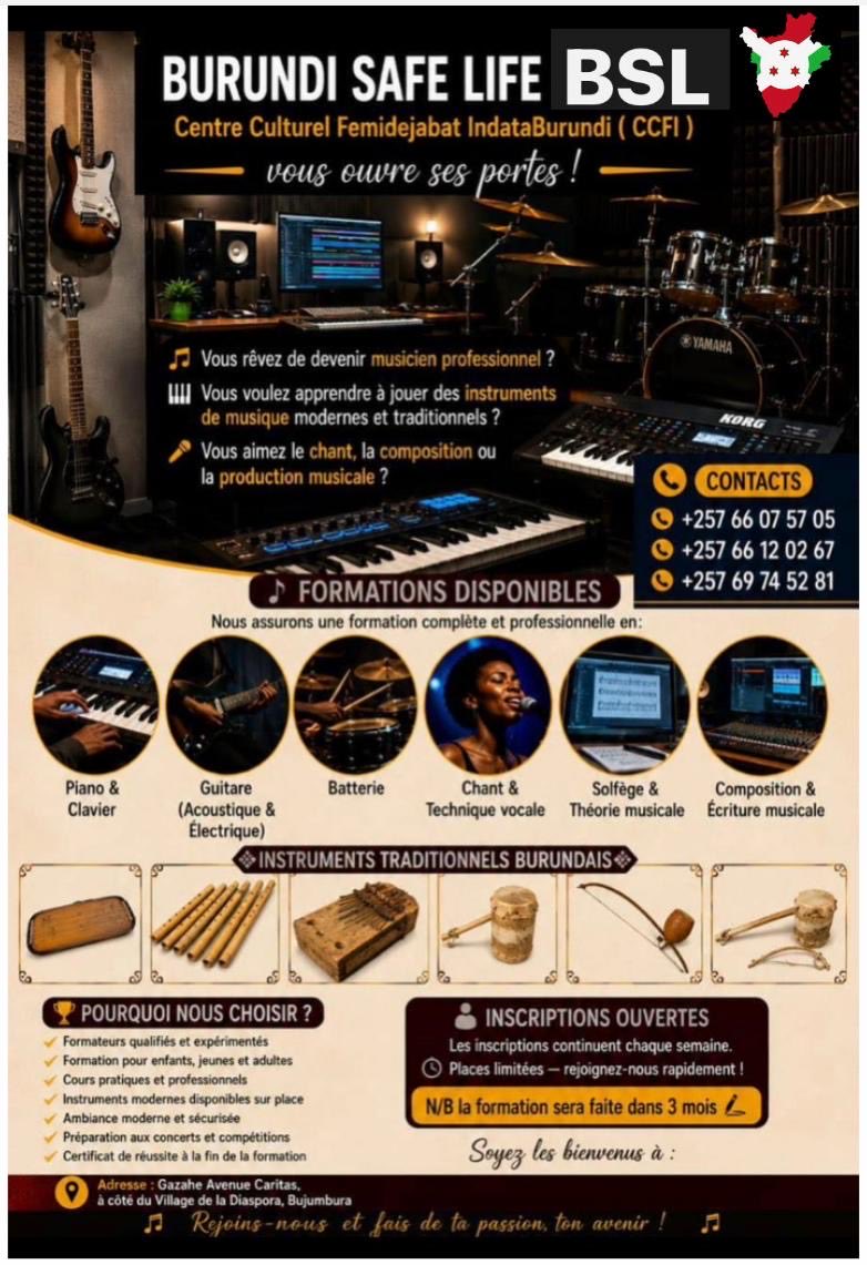 FemidejabatB's tweet photo. BURUNDI SUMMER MUSIC SCHOOL🇧🇮
🎼IKAZE MW’ISHURE Y’UMUZIKI MU BURUHUKO BWO MU CI ( Burundi Summer Music School ) 
Abavyeyi, urwaruka n'abana mwese murahawe ikaze! Mbega umwana wawe akunda kuririmba? Akunda gucuranga? Canke afise ingabirano y'umuziki yipfuza gukuza?

BURUNDI SAFE LIFE ibicishije mu kigo ndangakaranga #Femidejabat_IndataBurundi ibahaye ikaze mu gikorwa kidasanzwe BURUNDI SUMMER MUSIC SCHOOL 2026, aho abana, urwaruka n'abakuze bazohabwa inyigisho z'umuziki mu gihe c’uburuhuko bwo mu ci. 

Ni kubifuza kwiga kuririmba no kuvuza:

🎸 Guitar (Acoustic & Electric)
🎹 Piano / Keyboard
🥁 Batterie (Drums)
Hamwe n’ibicurarangisho kavukire: 
Inanga, idonongo, ikembe, umuduri n’umwironge.

📍Adresse: Gahahe Avenue Caritas, hafi ya Villas de la diaspora, Bujumbura.

📞 Duhamagare kuri: ☎️ +257 69 74 52 81
☎️ +257 66 12 02 67
☎️ +257 66 07 57 05

📹👉🏿: https://t.co/vIAgjaEVYk…

 Kaze muri benshi!
https://t.co/FSA5oz4k8f

@KwaNtare @NtareHouse 
@MinJSCBdi @MAEBurundi