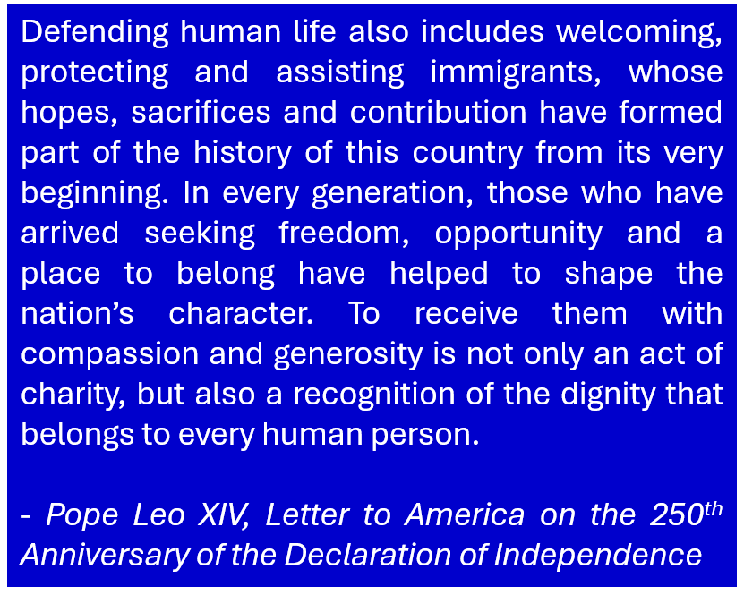 TRINITYPREZ's tweet photo. Pope Leo XIV makes Catholic teaching on migrants very, very clear in his letter to America today  https://t.co/bUrrwSd9hW  You can't be "pro-life" and treat immigrants with the level of brutality and inhumanity we have witnessed recently in this nation. https://t.co/Butyp2JkZj