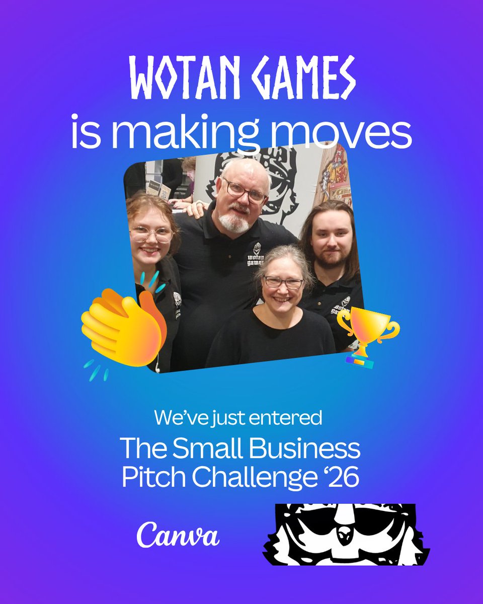 WotanGames's tweet photo. We’ve got news: Wotan Games is in @canva's The Small Business Pitch Challenge 2026.  Massive thanks to @lornabladen, @therebelschool, @JKCoombes , and Creator College.  

First step? Yes. A real step? Also yes.

#SmallBusiness #Entrepreneurship  #Indiepublisher https://t.co/xoGvrm6WJK