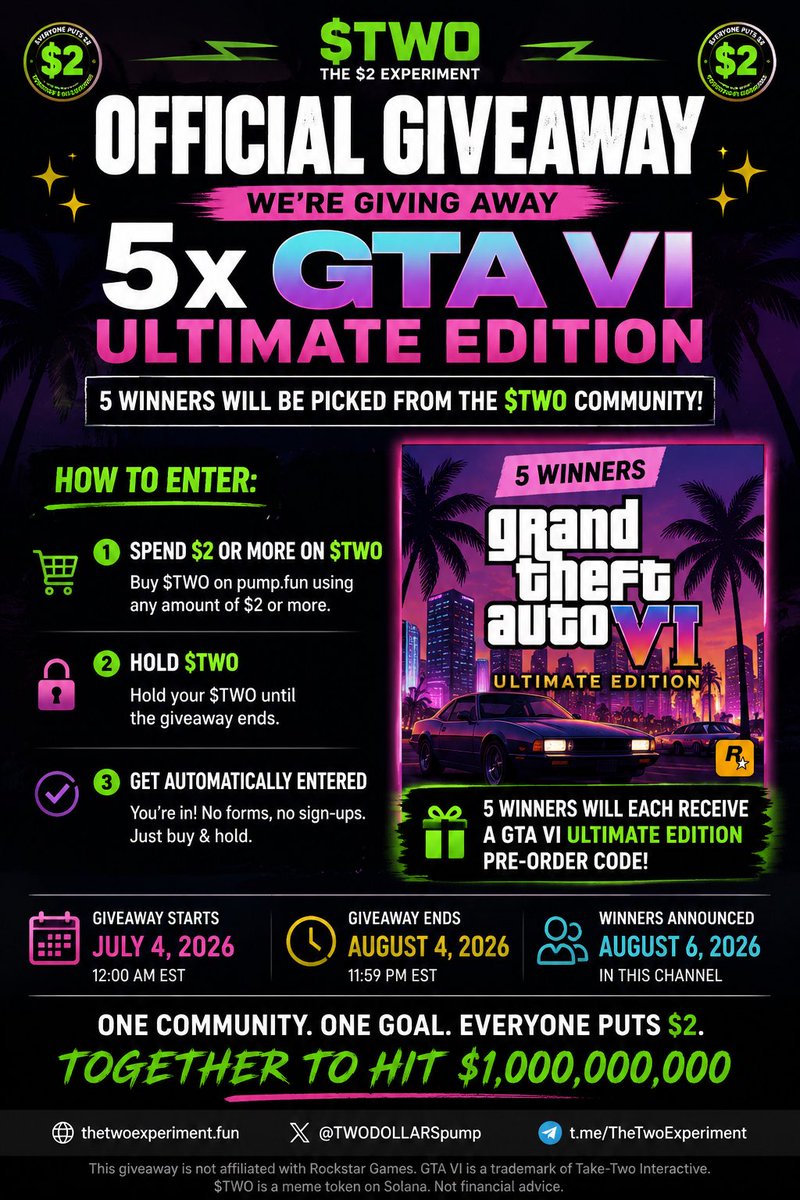 TWODOLLARSpump's tweet photo. 🚨 GIVEAWAY UPDATE 🚨

The moment you’ve been waiting for is almost here! 🎉

Next week, we’ll officially announce the FIRST WINNER of the $TWO GTA VI + PS5 Giveaway! 🎮🔥

If you’re already participating, stay tuned—you could be the one taking home a brand-new PS5 and a copy of GTA VI.

Not in yet? There’s still time to join before the winner is revealed.

Good luck to everyone, and thank you for supporting the $TWO community! 💚

#TWO #Solana #Giveaway #GTAVI #PS5 #Crypto