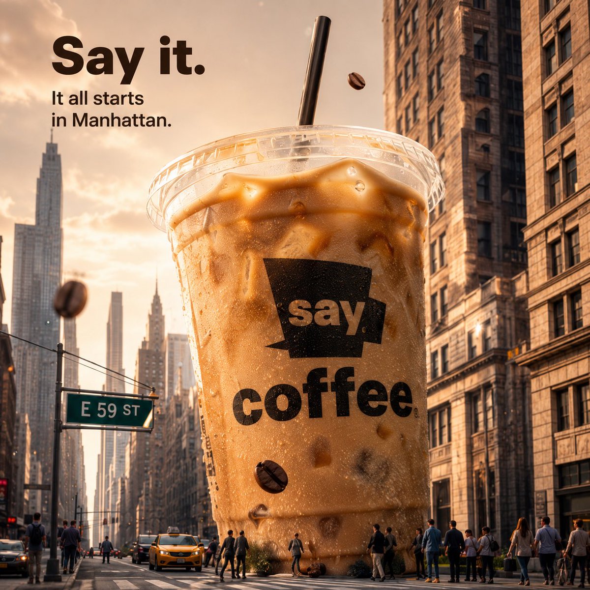 ugencyai's tweet photo. Say it. Sip it. Love it. ☕️🗽 We brought "Say Coffee" to life with these bold, AI-generated campaign concepts. From giant lattes taking over Manhattan to perfect mid-air splashes, this is the future of beverage marketing. Crafted by ugency Ai. ✨ https://t.co/IYl2dp09xP