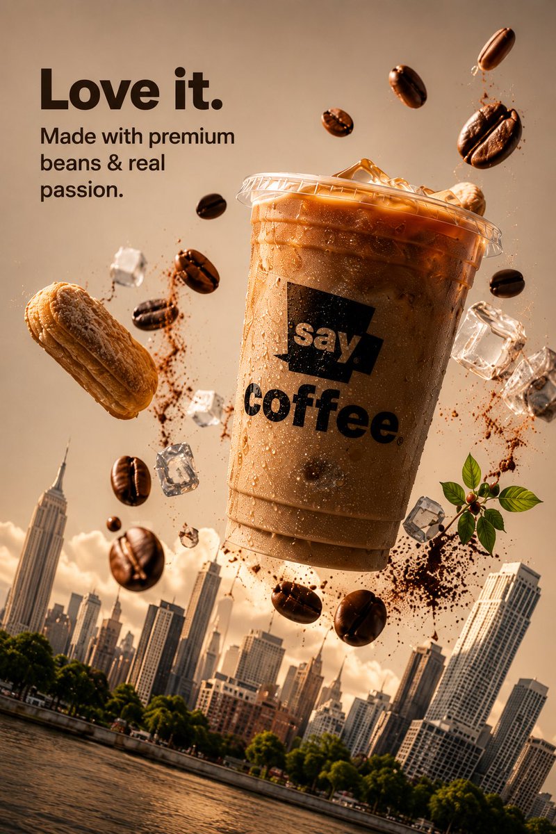 ugencyai's tweet photo. Say it. Sip it. Love it. ☕️🗽 We brought "Say Coffee" to life with these bold, AI-generated campaign concepts. From giant lattes taking over Manhattan to perfect mid-air splashes, this is the future of beverage marketing. Crafted by ugency Ai. ✨ https://t.co/IYl2dp09xP
